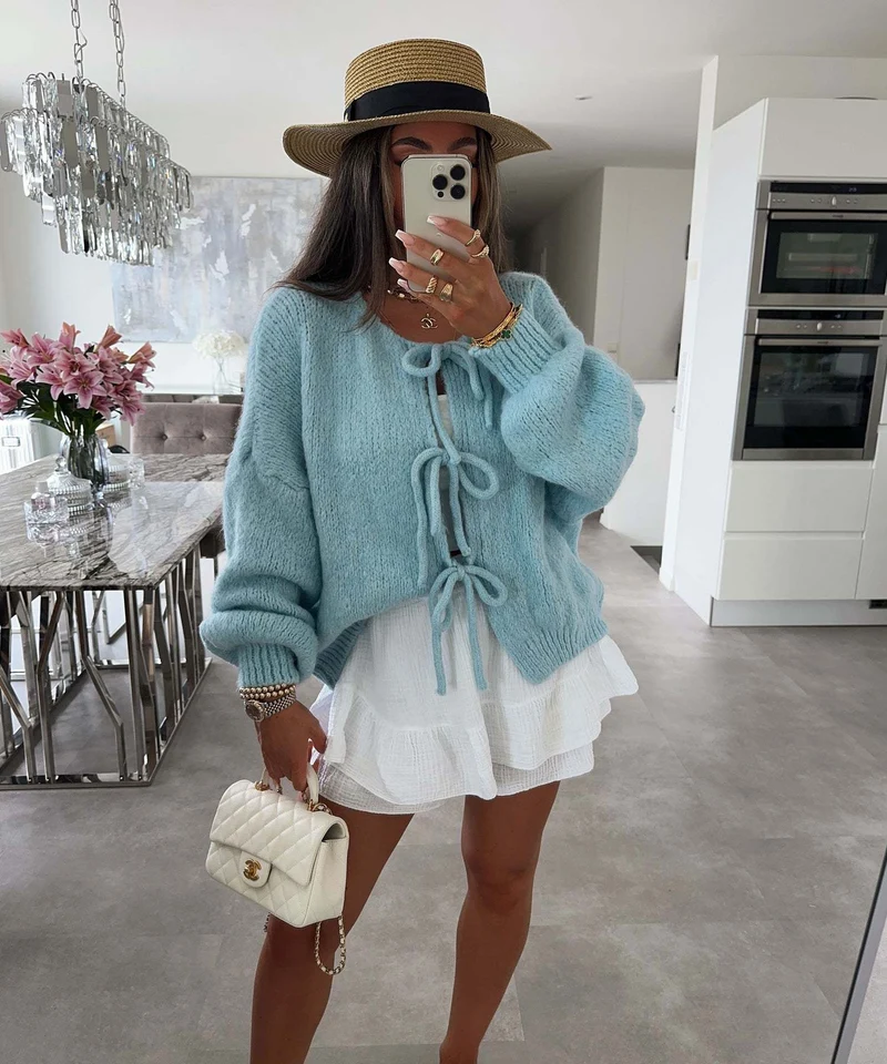 Einfarbiger Rundhals-Lace-Up-Cardigan