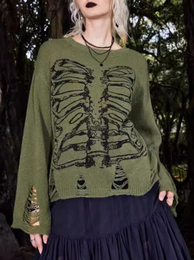 Halloween-Skelett Dunkler Stil Rissiger Langarm-Pullover