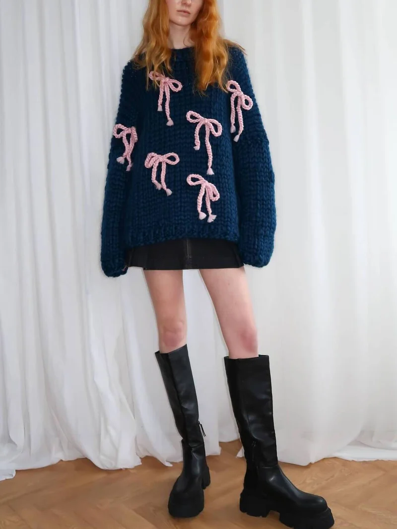 Exquisiter Bogen Crew Neck Lockere Pullover