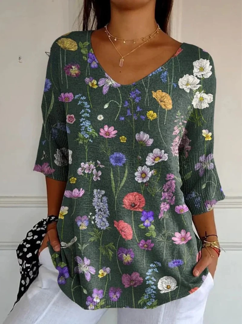 Mavie® | Lebhaftes Frühlings-Botanischer Garten Muster Gedruckter Damen Casual Pullover Strick