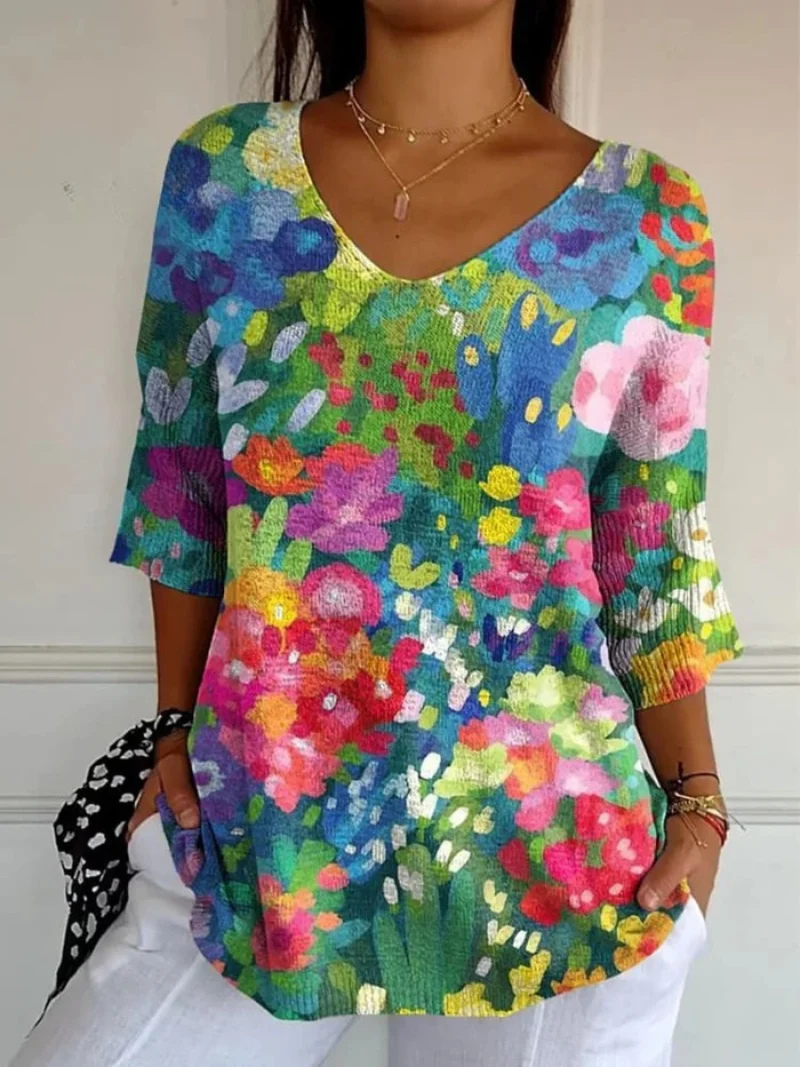 Julika® | Damen Vintage Hübsches Floral Kunst Druck Lässiger Pullover Strick