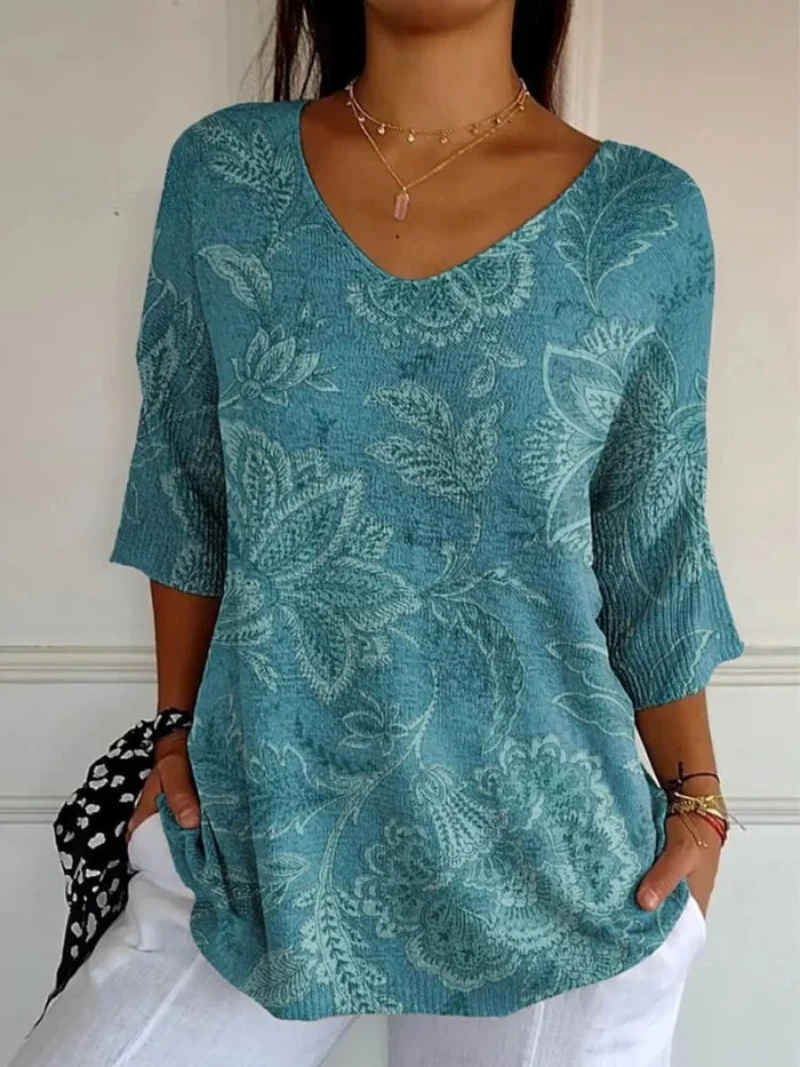 Finja® | Damen Vintage Ethnische Blumen Kunstdruck Lässiger Pullover Strick