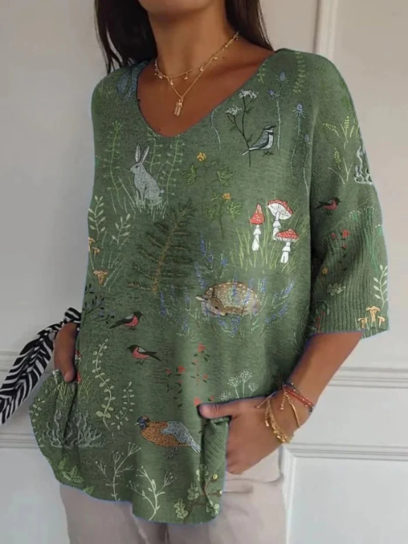 Vivien® | Wald- und Tiermotiv wiederholendes Muster bedruckter Damen Freizeitpullover Strick