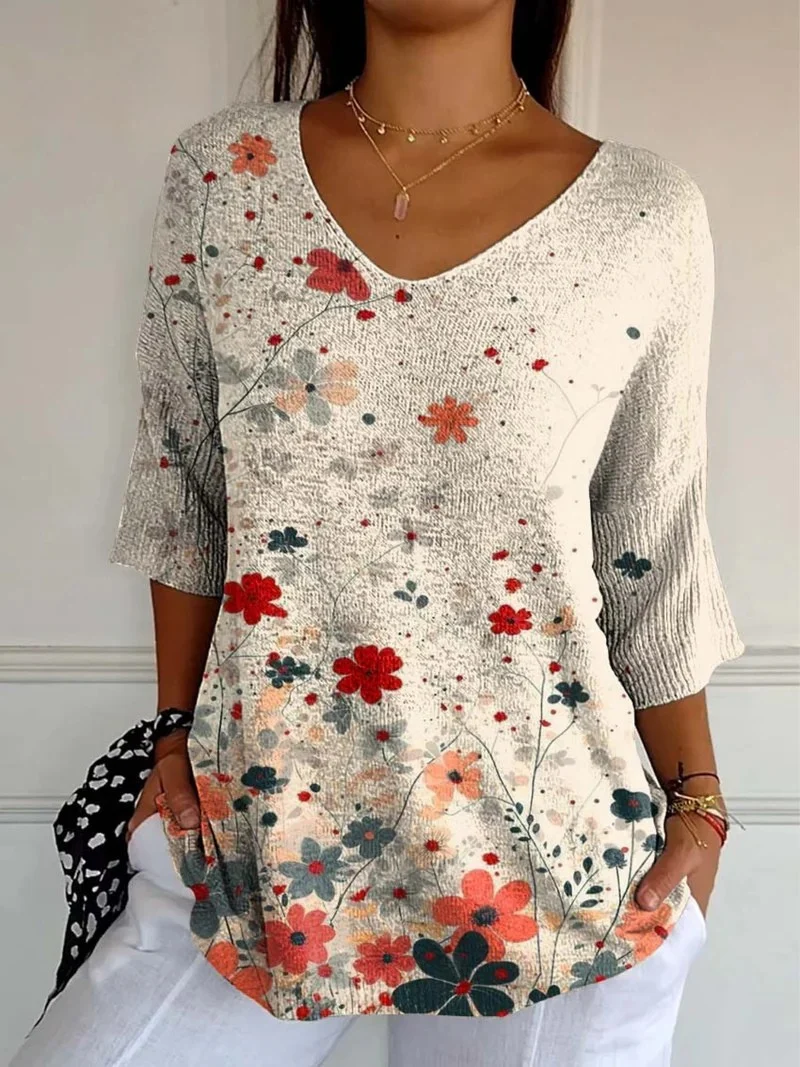 Amira-Marie® | Damen Vintage Blumenmuster Kunstdruck Lässiger Strickpullover