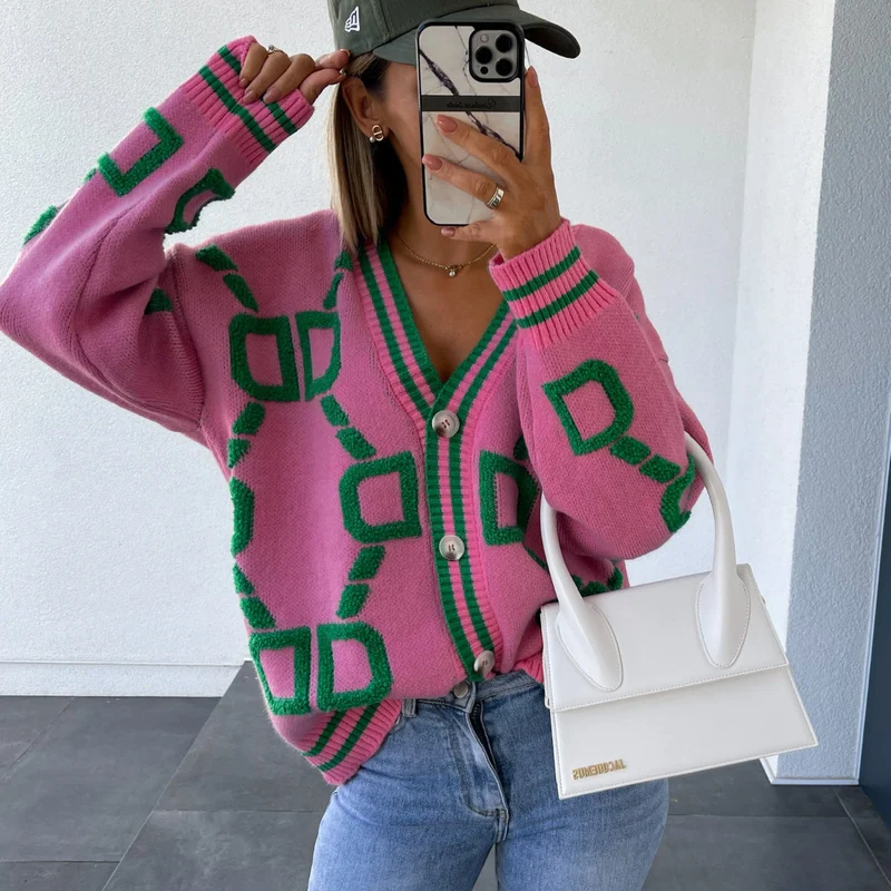 V-Ausschnitt Lässiger Farbkontrast Strickcardigan