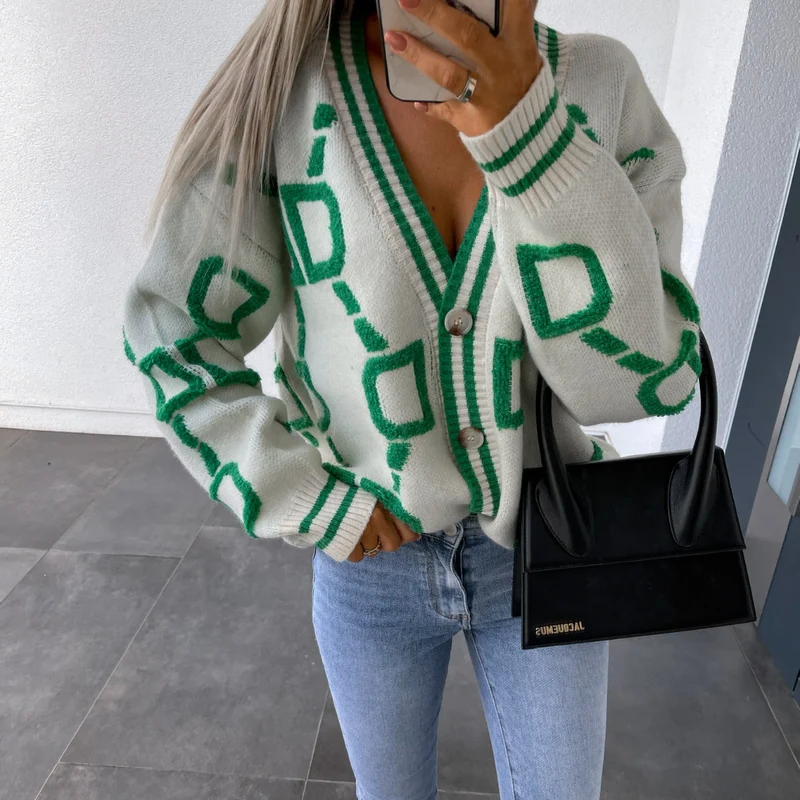V-Ausschnitt Lässiger Farbkontrast Strickcardigan