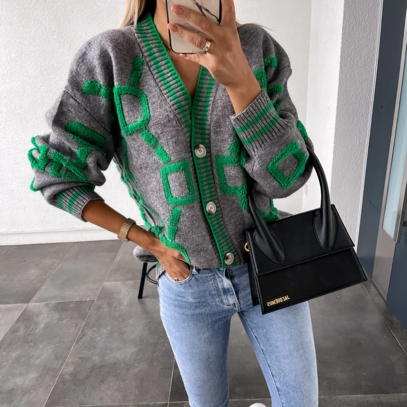V-Ausschnitt Lässiger Farbkontrast Strickcardigan