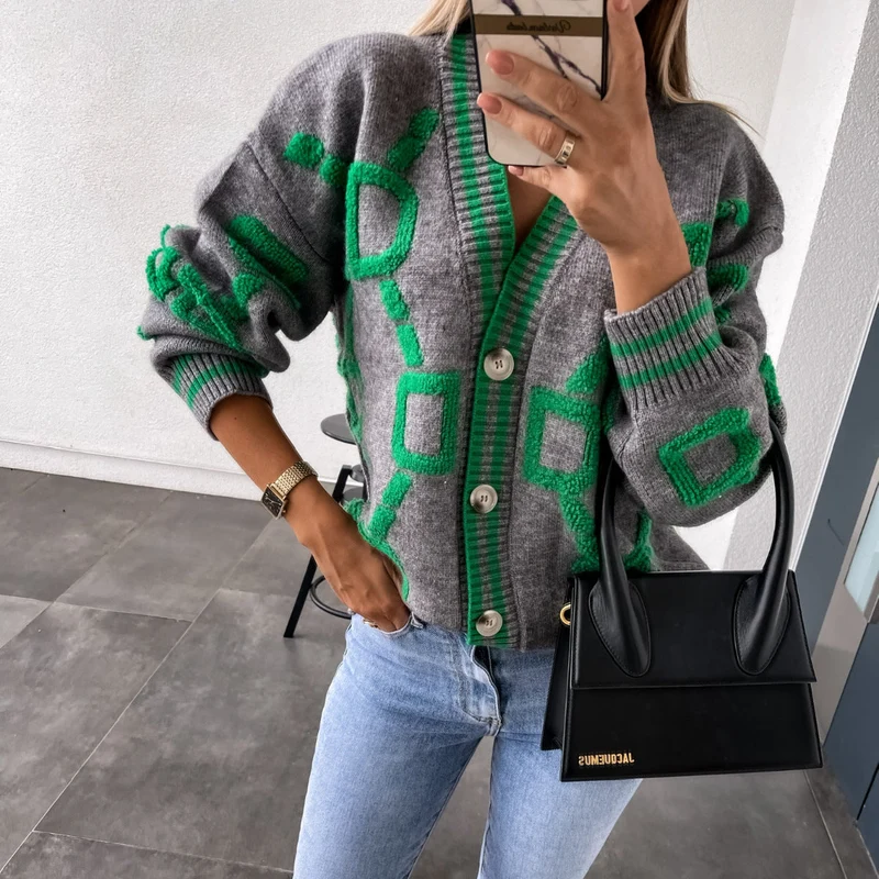 V-Ausschnitt Lässiger Farbkontrast Strickcardigan