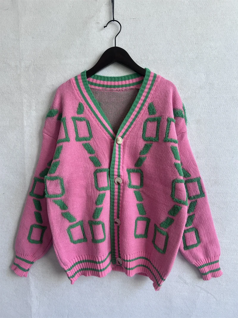 V-Ausschnitt Lässiger Farbkontrast Strickcardigan