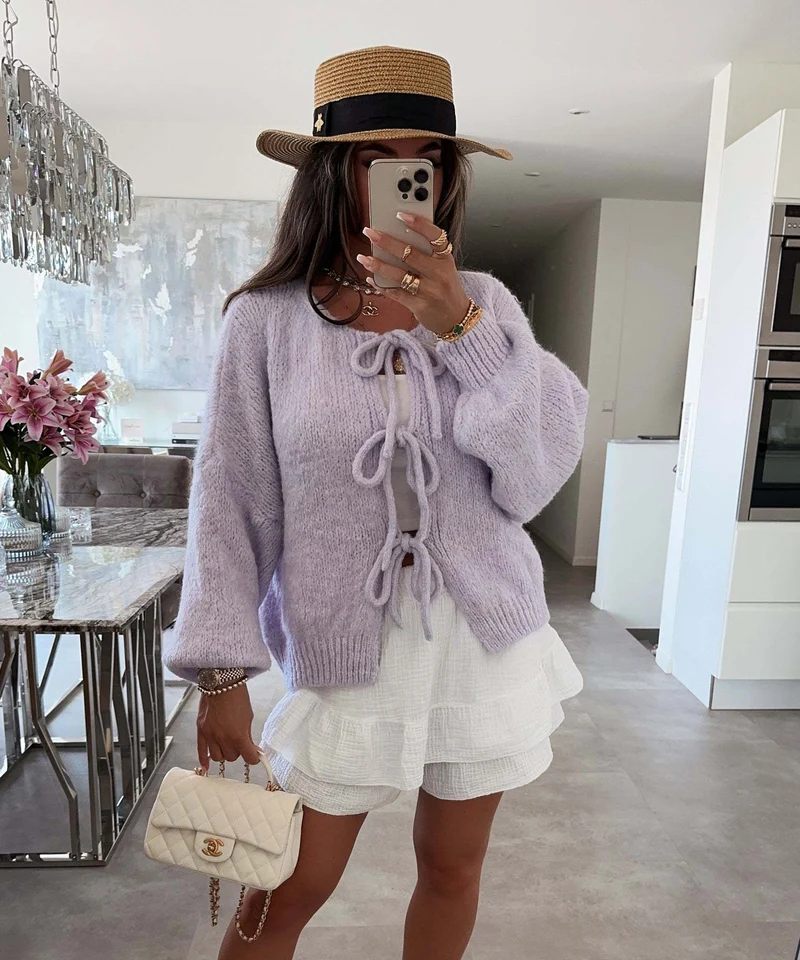 Solid Color Crew Neck Lace-Up Cardigan