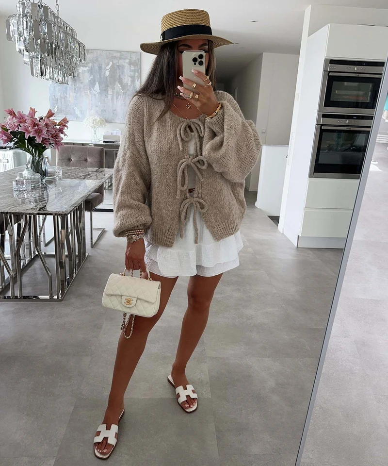 Solid Color Crew Neck Lace-Up Cardigan