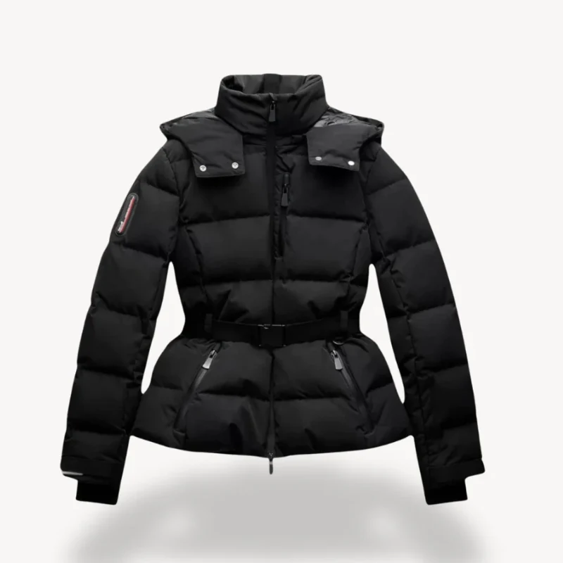 Pufferjacke mit Gürtel und Kapuze für Damen – Wasserabweisender Wintermantel mit hohem Kragen und verstellbaren Bündchen