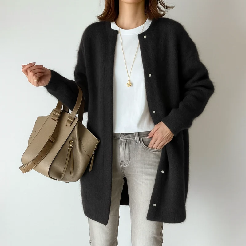 Elegante Damen Strickjacke – mit Taschen und Rundhalsausschnitt aus Acryl, lockere Passform