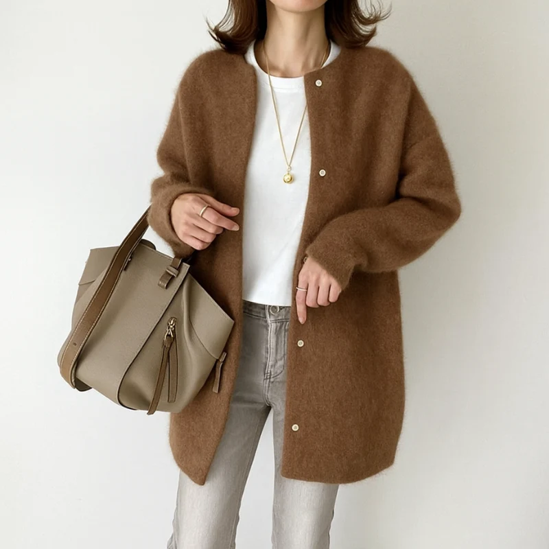 Elegante Damen Strickjacke – mit Taschen und Rundhalsausschnitt aus Acryl, lockere Passform