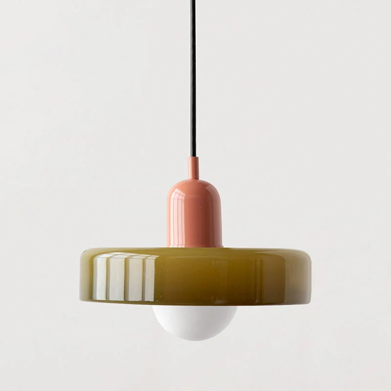 Bauhaus Pendelleuchte aus farbigem Glas für Esstisch – Moderne Hängeleuchte mit G9 Fassung, verstellbare Aufhängung, Ø25-35 cm