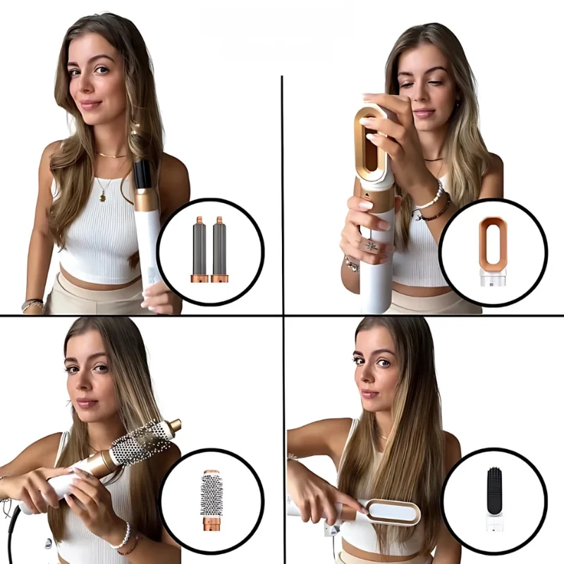 5-in-1-Stylingbürste für alle Haartypen – Trocknen, Glätten, Locken und Volumengeben mit anspruchsvollem Design und 5 austauschbaren Spitzen