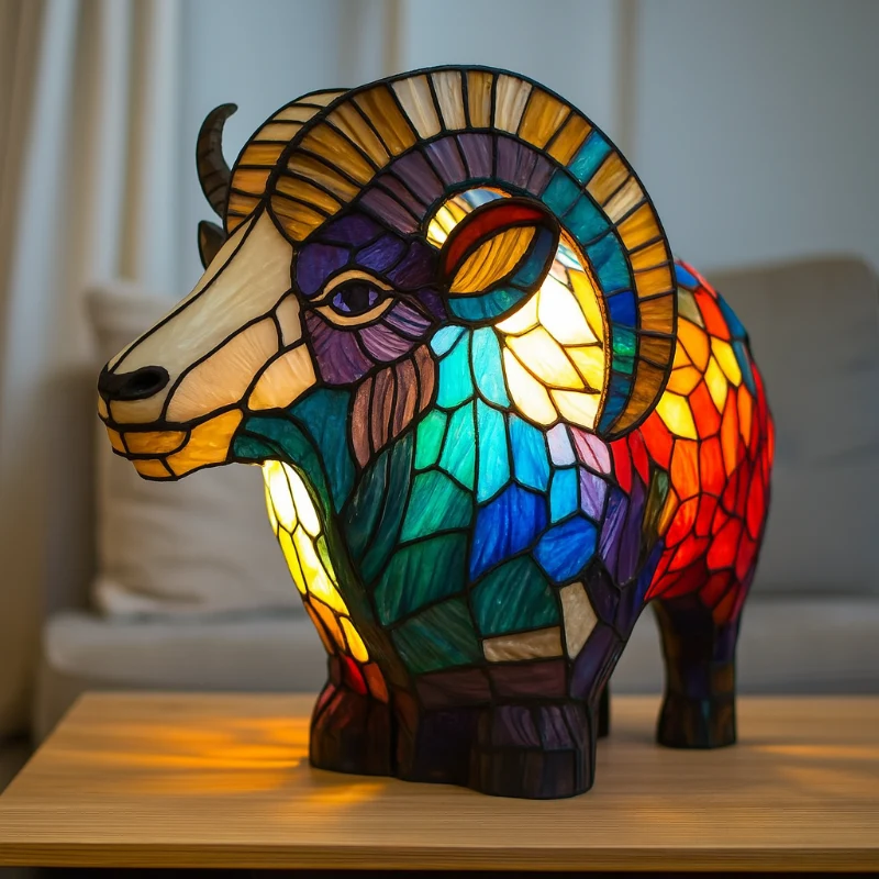 Ziegenlampe aus farbigem Glas – Nachttischlampe für stilvolle Beleuchtung, 17 cm x 17 cm