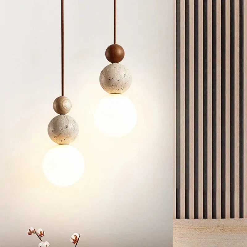 Moderne Pendelleuchte aus Travertin und Mahagoni – Hängelampe für Esszimmer, Wohnzimmer und Küche