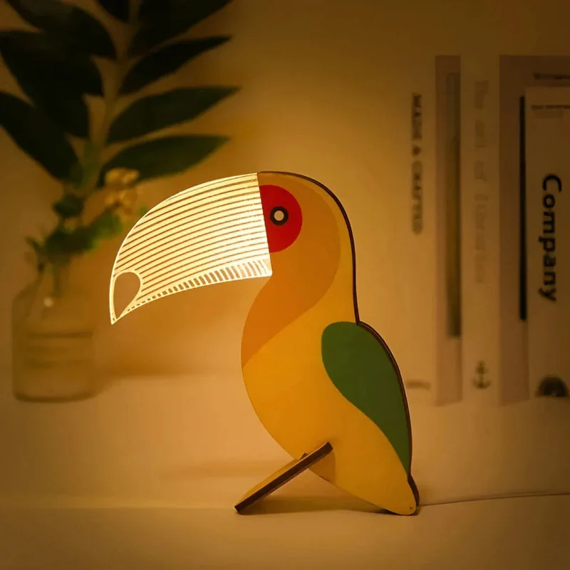 Holz-Tischleuchte mit Tiermotiven – USB-LED-Nachttischlampe fürs Kinderzimmer, dimmbares Licht, Acryl und Holz, Touch-Schalter