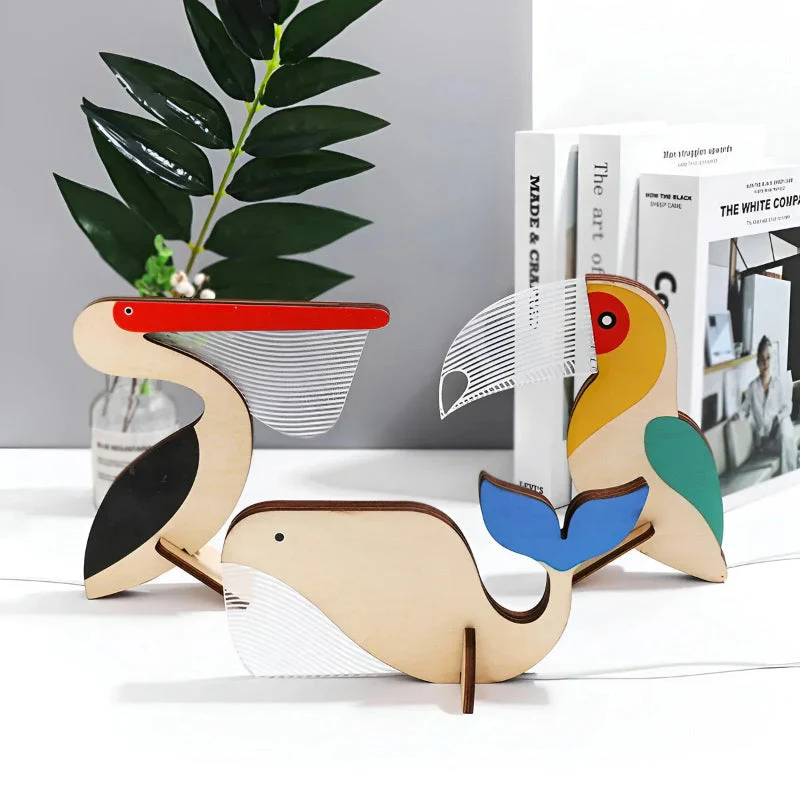 Holz-Tischleuchte mit Tiermotiven – USB-LED-Nachttischlampe fürs Kinderzimmer, dimmbares Licht, Acryl und Holz, Touch-Schalter