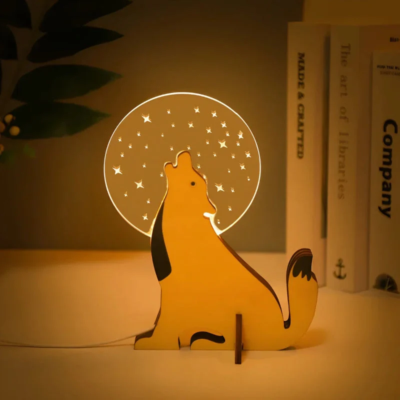 Holz-Tischleuchte mit Tiermotiven – USB-LED-Nachttischlampe fürs Kinderzimmer, dimmbares Licht, Acryl und Holz, Touch-Schalter