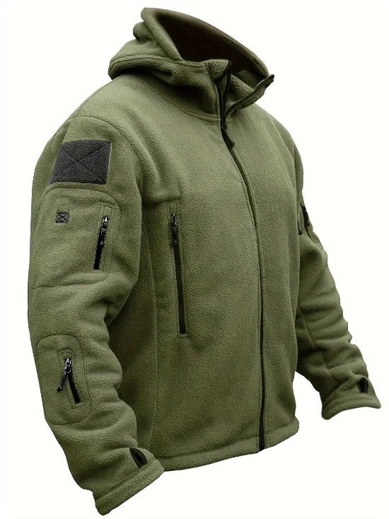 Herren Fleecejacke mit Kapuze, Mehreren Reißverschlusstaschen und Durchgehendem Frontverschluss