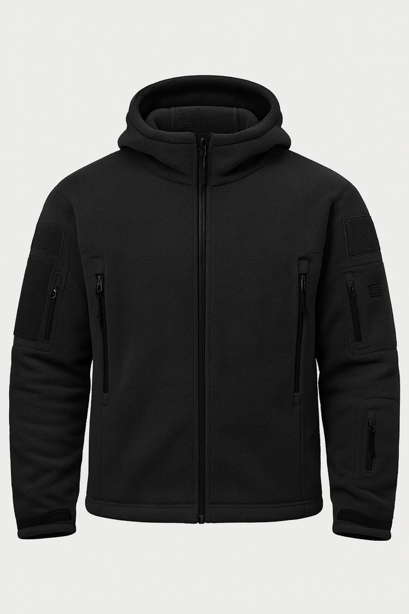 Herren Fleecejacke mit Kapuze, Mehreren Reißverschlusstaschen und Durchgehendem Frontverschluss