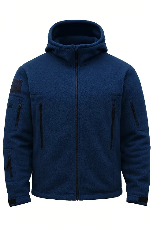 Herren Fleecejacke mit Kapuze, Mehreren Reißverschlusstaschen und Durchgehendem Frontverschluss