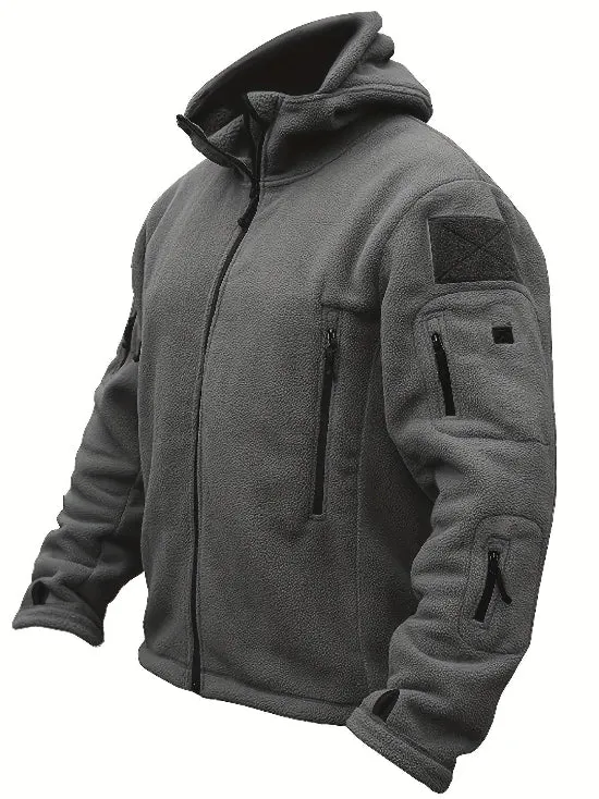 Herren Fleecejacke mit Kapuze, Mehreren Reißverschlusstaschen und Durchgehendem Frontverschluss
