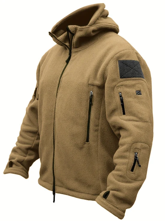Herren Fleecejacke mit Kapuze, Mehreren Reißverschlusstaschen und Durchgehendem Frontverschluss