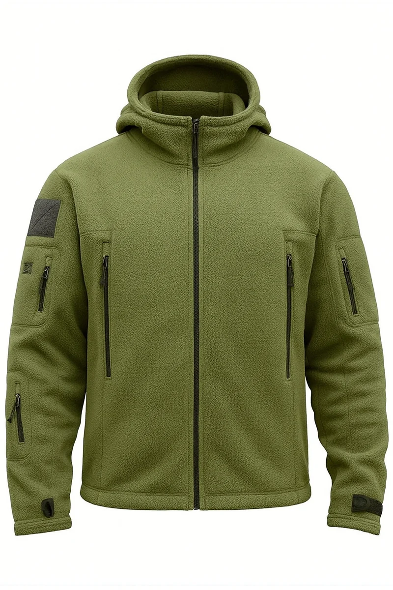 Herren Fleecejacke mit Kapuze, Mehreren Reißverschlusstaschen und Durchgehendem Frontverschluss