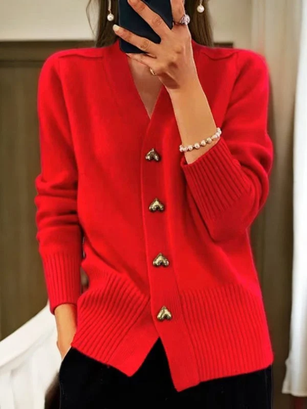 Damen Strickjacke – Lässiger V-Ausschnitt mit Herzknöpfen für den Alltag