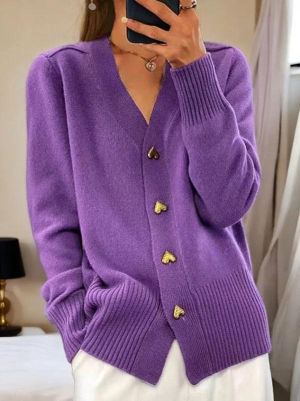 Damen Strickjacke – Lässiger V-Ausschnitt mit Herzknöpfen für den Alltag