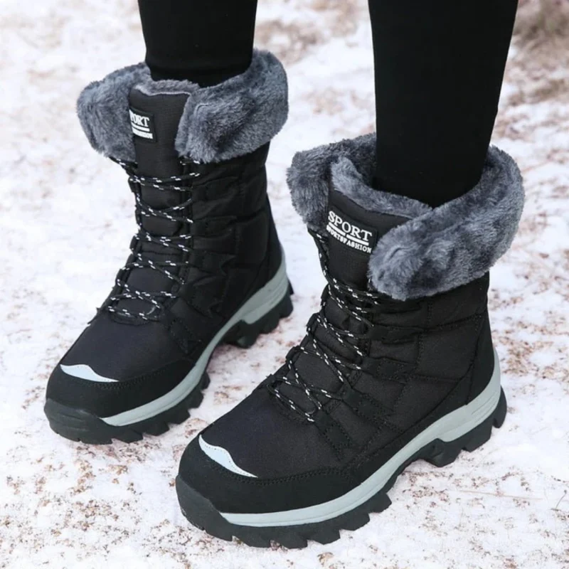 Damen Winter-Schnürstiefel mit Fellkragen und Anti-Rutsch-Sohle
