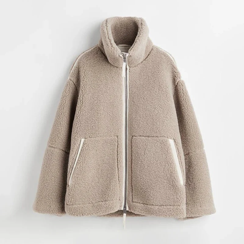 Übergroße Damenjacke aus Wolle mit hohem Kragen und Reißverschluss – trendige Jacke für Streetwear und Freizeitkleidung