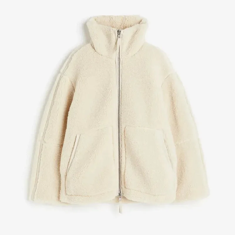 Übergroße Damenjacke aus Wolle mit hohem Kragen und Reißverschluss – trendige Jacke für Streetwear und Freizeitkleidung