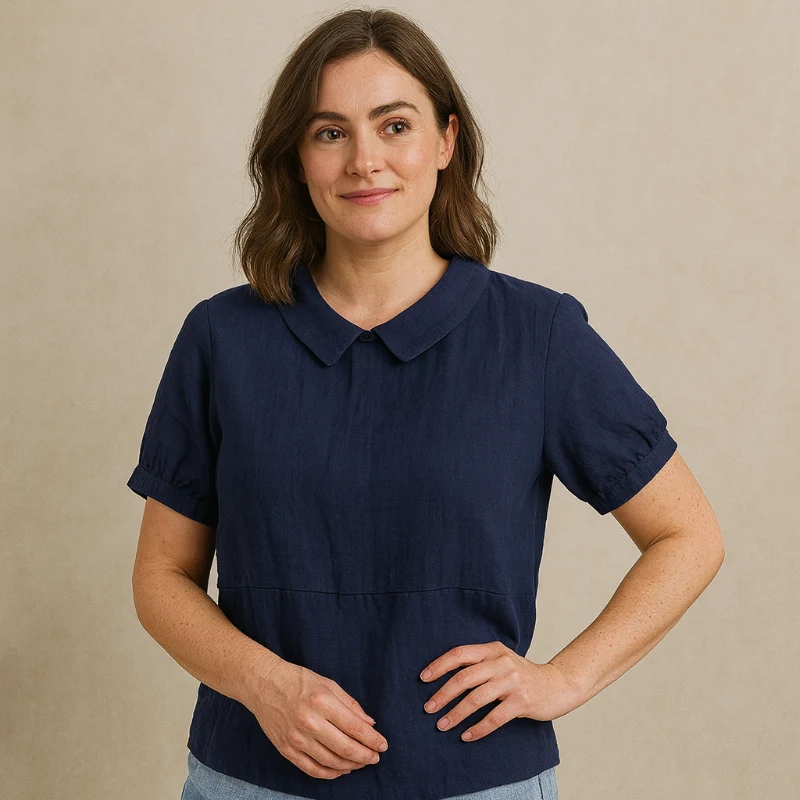 Damen Bluse Kurzarm mit Bubikragen