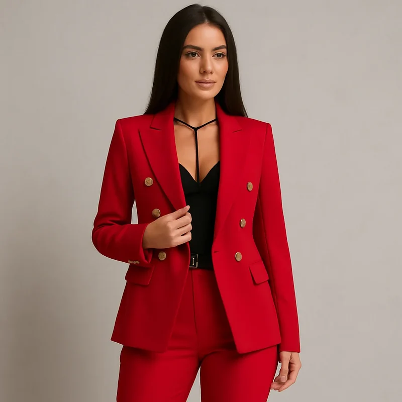 Damen Anzug Set Zweireihig Slim Fit Blazer & Hose