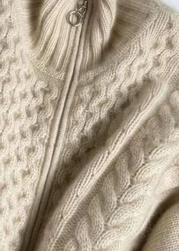 Damen Strickjacke Beige mit Zopfmuster und Reißverschluss