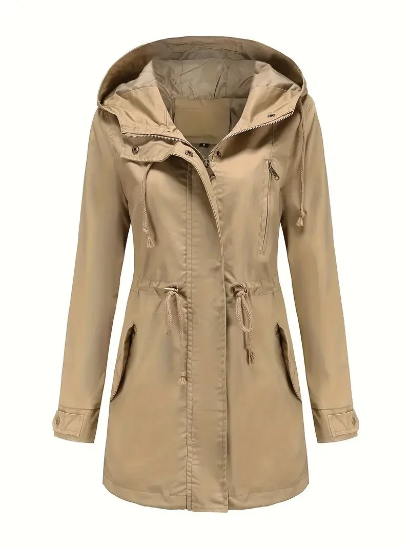 Damen Wasserdichter Trenchcoat mit Kapuze und Taschen