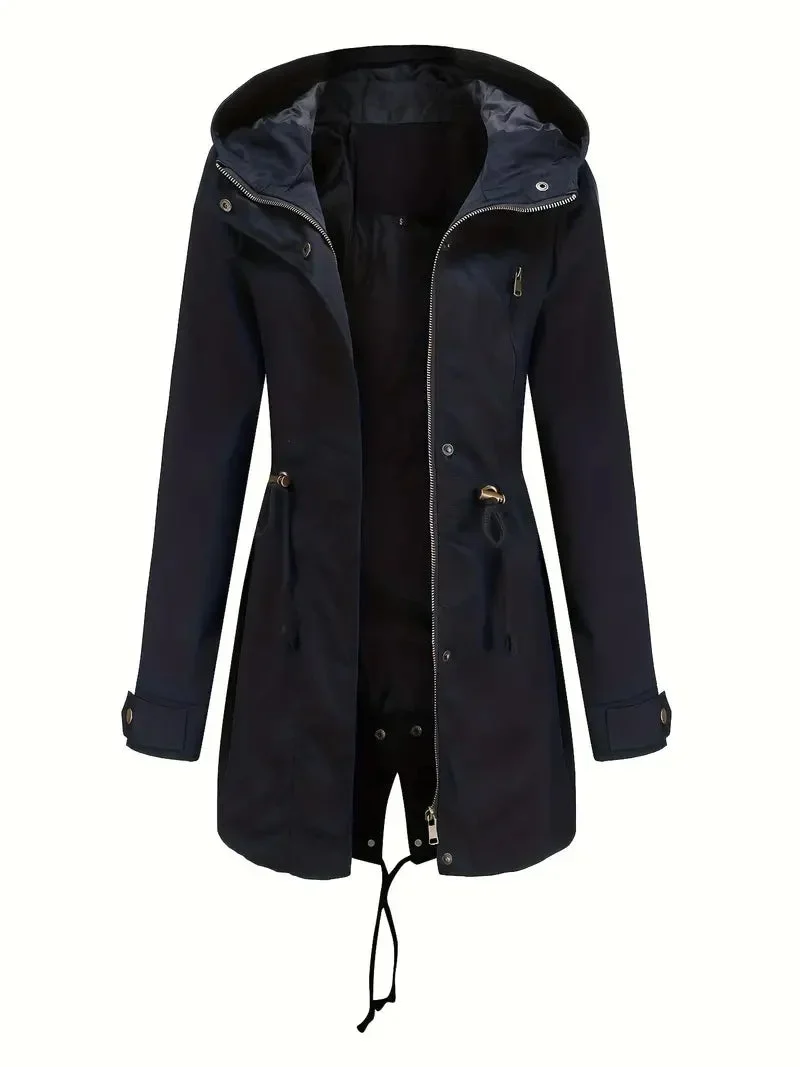Damen Wasserdichter Trenchcoat mit Kapuze und Taschen