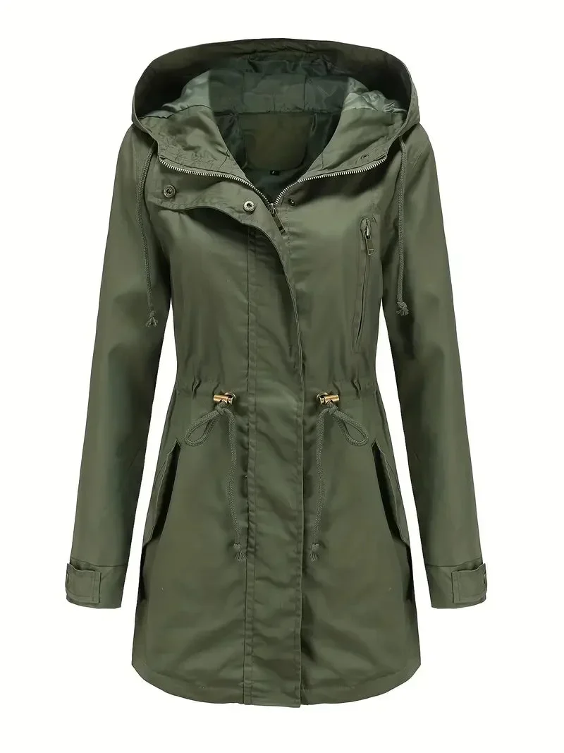 Damen Wasserdichter Trenchcoat mit Kapuze und Taschen