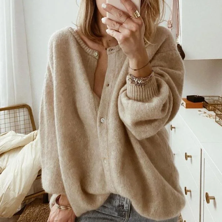 Damen Strickjacke mit Knopfleiste in Beige Übergröße
