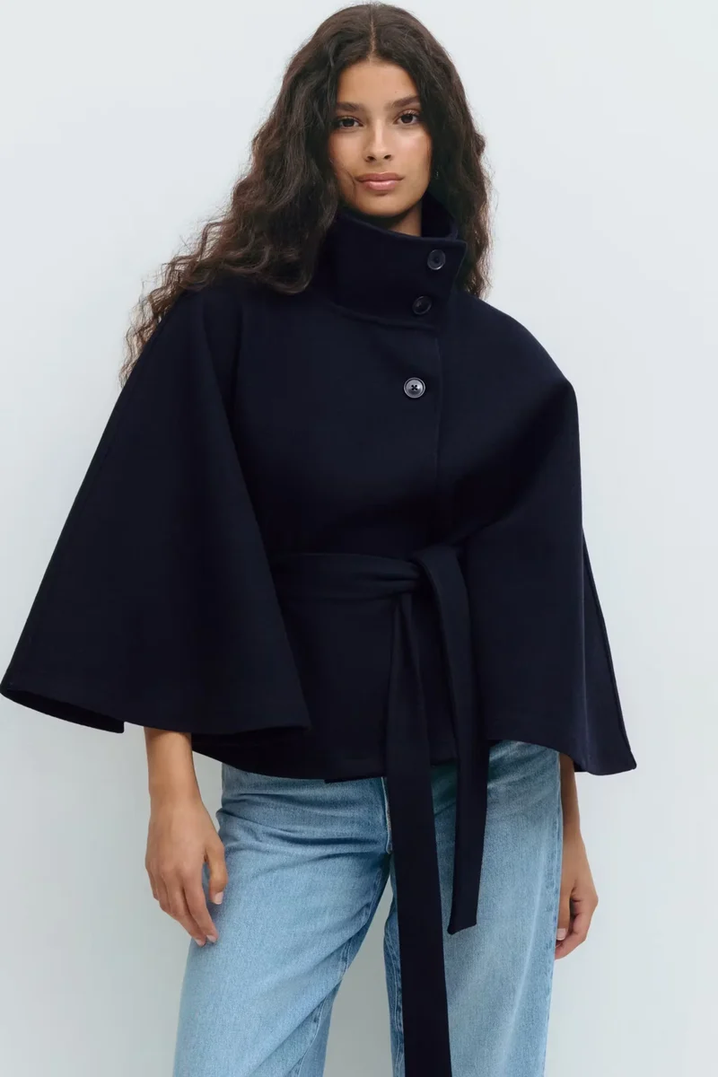 Damen Cape-Mantel mit Stehkragen und Gürtelbindung