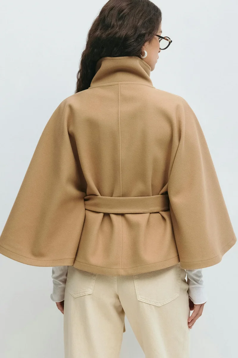 Damen Cape-Mantel mit Stehkragen und Gürtelbindung