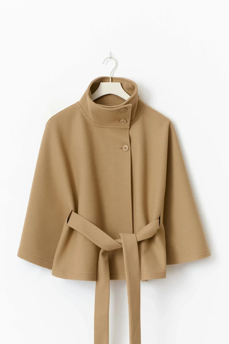 Damen Cape-Mantel mit Stehkragen und Gürtelbindung