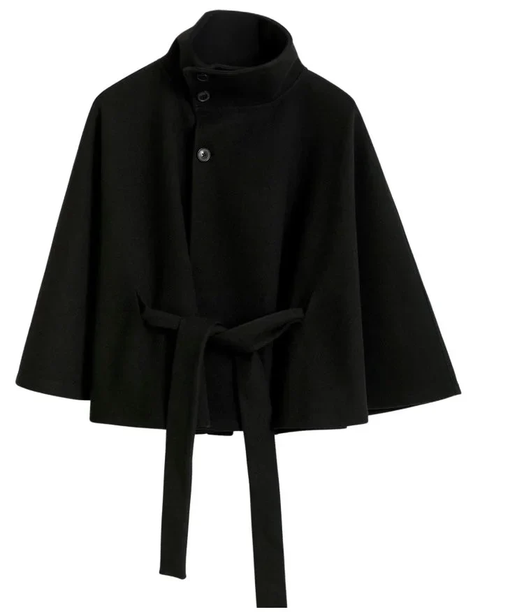 Damen Cape-Mantel mit Stehkragen und Gürtelbindung