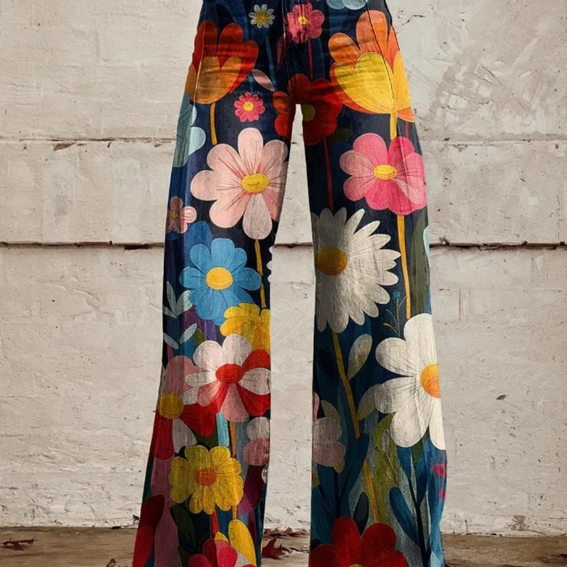 Damen Hose mit Blumenmuster und weitem Bein