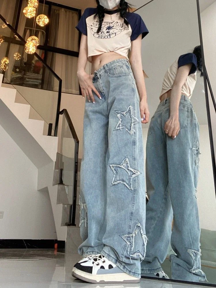 Damen Baggy-Jeans mit Sternendetails und hoher Taille