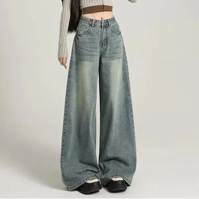 Weite Damenjeans im Washed-Look mit hoher Taille